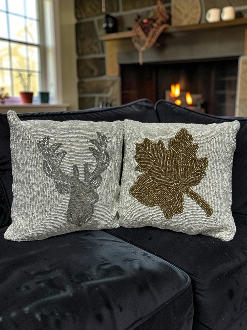 2 Fall Themed Pillows Sequins Beaded Maple Leaf & Deer Head Gold/Silver 12x12in